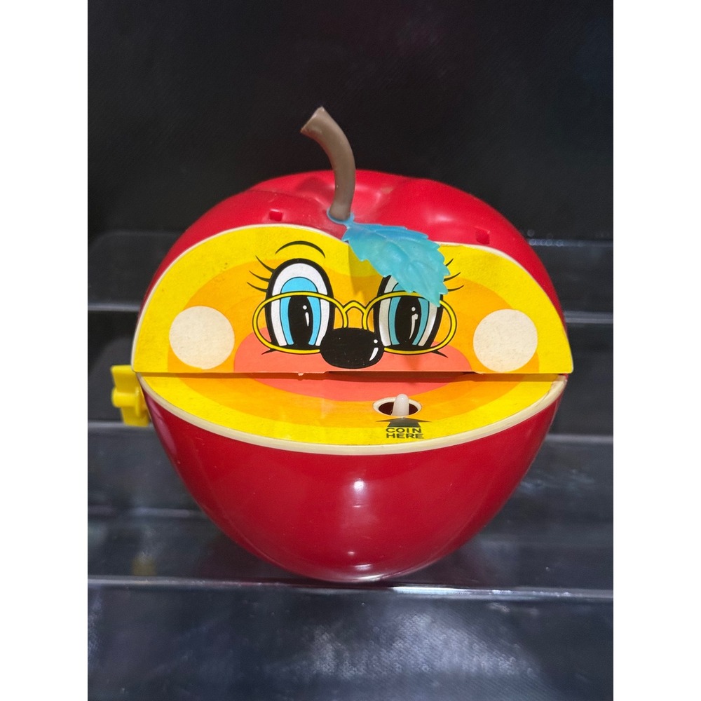 Vintage Apple Coin Bank Piggy Bank Fun Face Yellow Red Plastic Toy